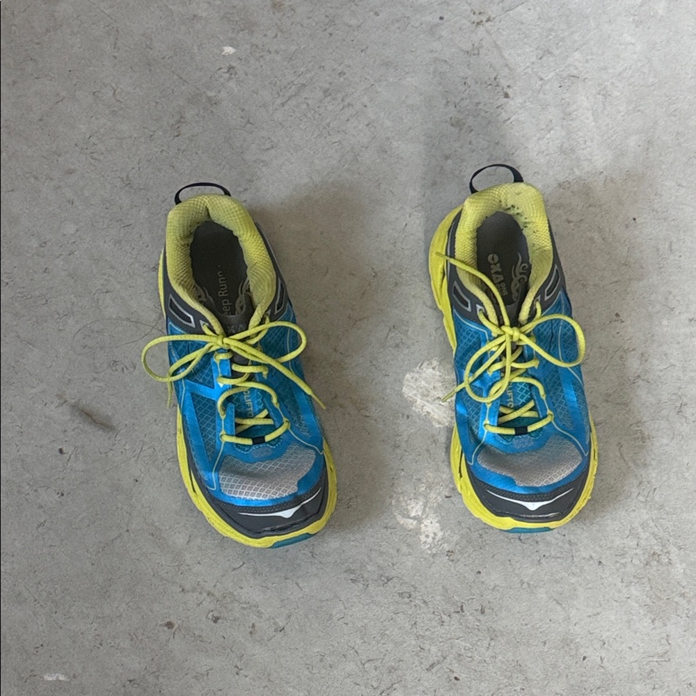 Hoka One One Blue and Neon Yellow Sneakers